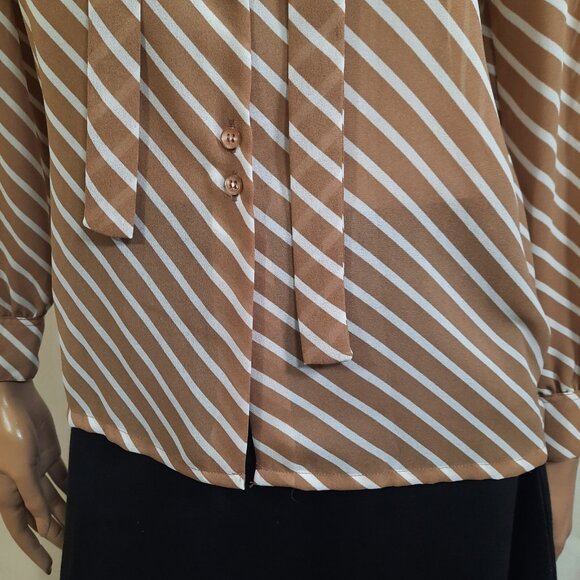 Vintage 80s Bow Tie Blouse Secretary Sheer Button Up Beige White Striped S - Picture 5 of 10